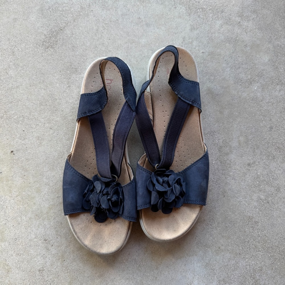 Hotter Hannah‎ Sandals Womens Size 9.5 Navy Floral Detail Suede Slip On Casual